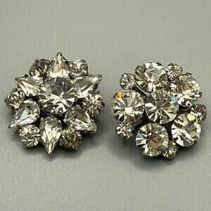 Vtg Signed Czech Clear Rhinestone Starburst Floral Brooch Pin Lot of 2 Art Deco